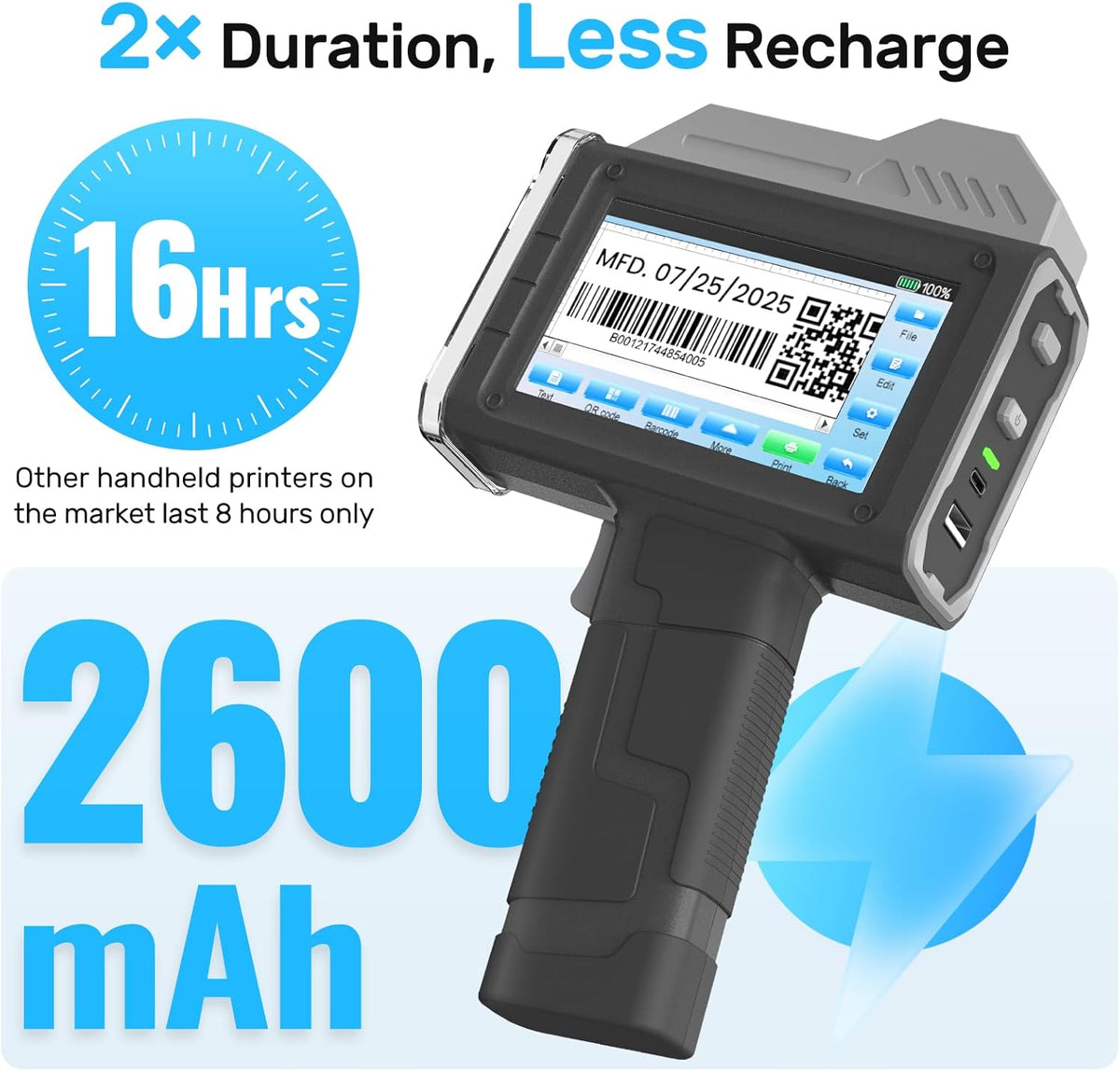 BENTSAI BT-HH6210B draagbare inkjetprinter, 2,5 cm, drukhoogtecoder voor batchnummer, datum, logo, QR-code gedrukt op kunststof, karton, hout, metaal, kleding inclusief