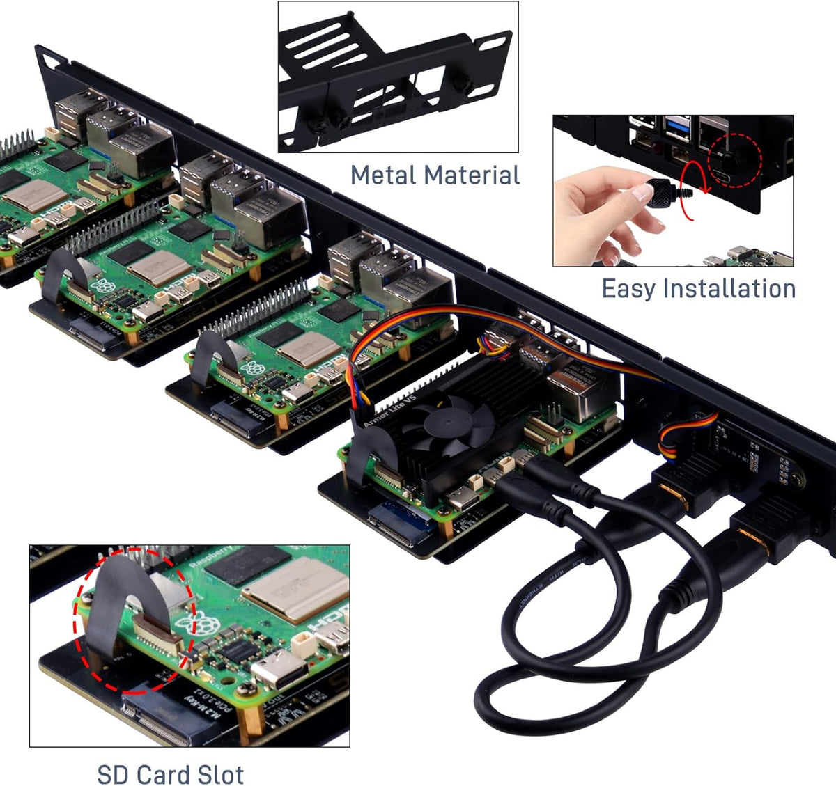 GeeekPi 19" 1U rackmontage voor Raspberry Pi 5, met 4 stuks PCIe naar M.2 NVMe SSD-adapters en OLED-scherm, compatibel met 19 inch serverrek