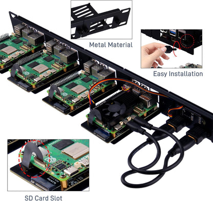 GeeekPi 19" 1U rackmontage voor Raspberry Pi 5, met 4 stuks PCIe naar M.2 NVMe SSD-adapters en OLED-scherm, compatibel met 19 inch serverrek