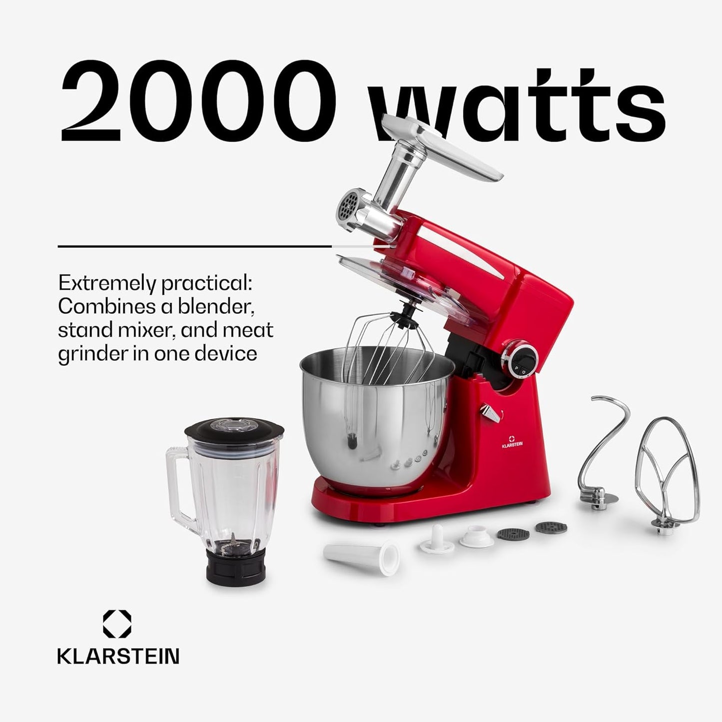 Klarstein Keukenmachine, universele keukenmachines, 3-in-1 keukenmachines, roerapparaten en mixers, deegmachine met vleesmolen, keukenmachine, 2000 watt deegmachine, kneedmachine, 10 liter kom