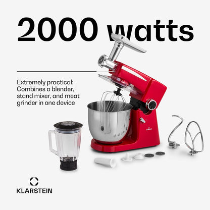 Klarstein Keukenmachine, universele keukenmachines, 3-in-1 keukenmachines, roerapparaten en mixers, deegmachine met vleesmolen, keukenmachine, 2000 watt deegmachine, kneedmachine, 10 liter kom