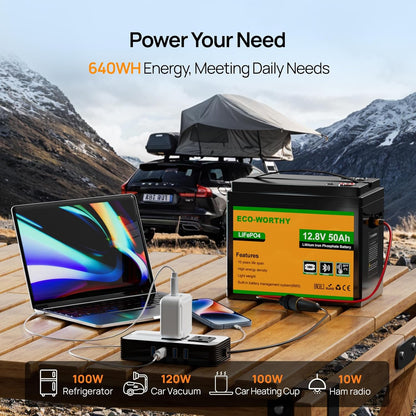 ECO-WORTHY LiFePO4 Battery 12V 50Ah Bluetooth BMS Low Temperature Protection and 4000-15000 Cycles 640Wh Lithium Battery for Rolling Motor, Boat - QUORE