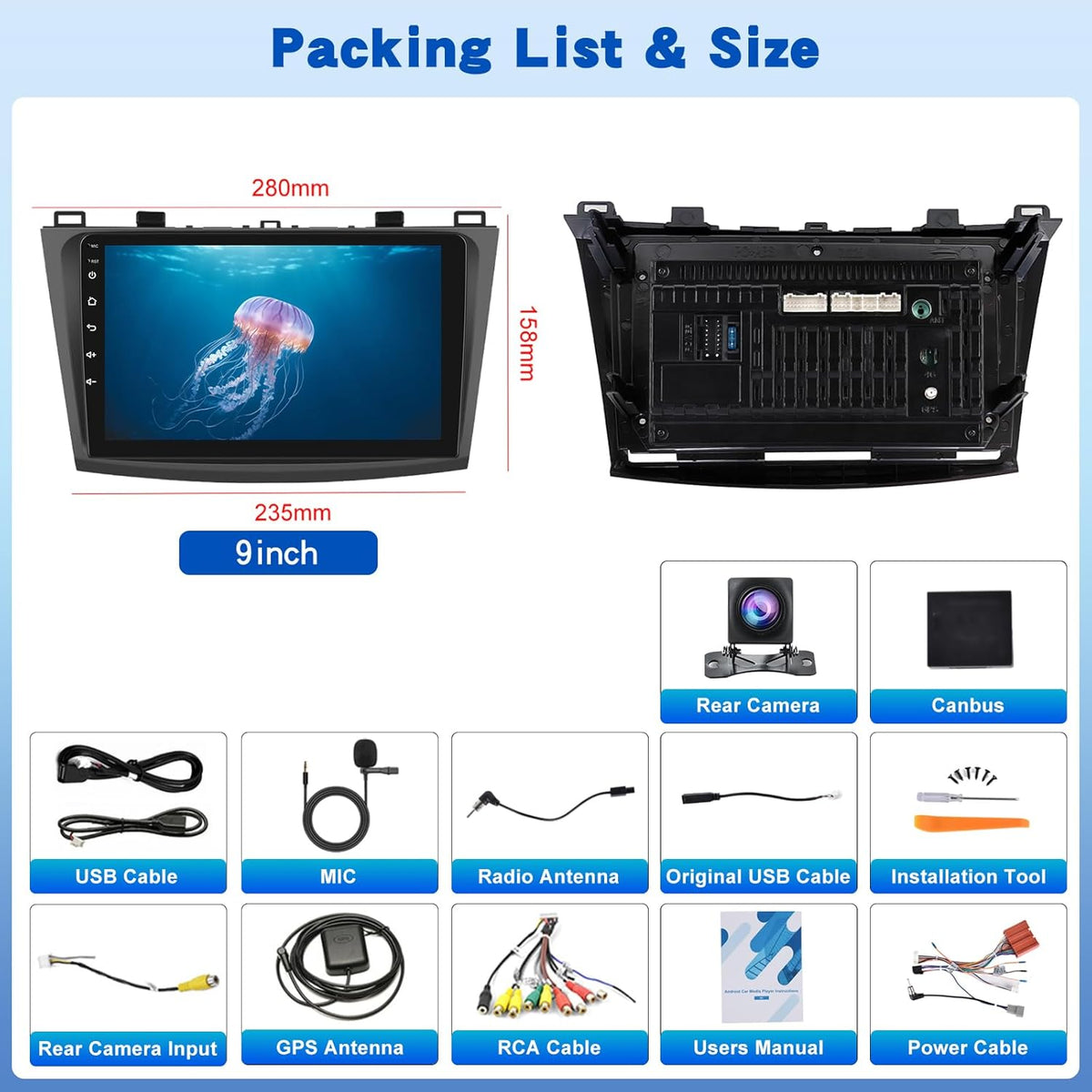 2G+64G Android Car Stereo for Mazda 3 2009-2013, 9 inch Touchscreen Radio with Wireless Carplay & Android Auto/WiFi/GPS/Bluetooth/EQ/FM RDS Radio+Backup Camera +Mic