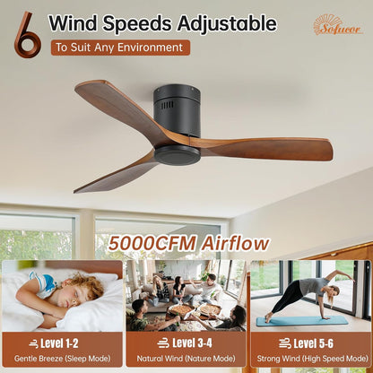 Sofucor Plafondventilator met Afstandsbediening, 132cm Plafondventilator van Massief Hout, 6 Snelheden, Timer, DC-motor, Zomer-wintermodus, Stille Ventilator voor Slaapkamer