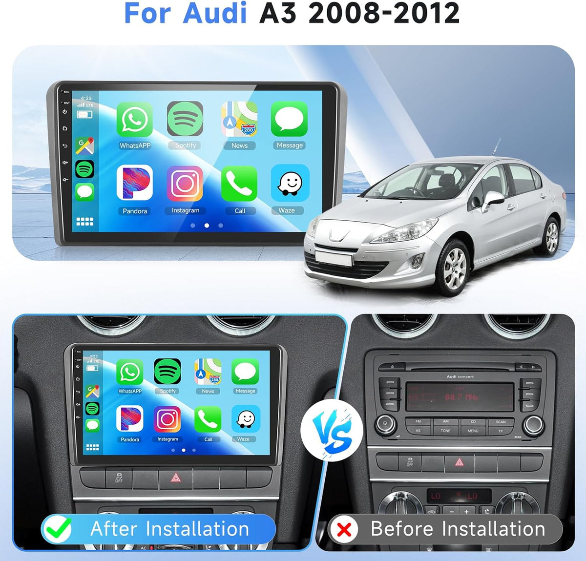 9-inch touchscreen autoradio voor Audi A3 2008-2012, Podofo CarPlay autoradio 2G+64G met draadloze Android Auto, BT/GPS/WiFi/FM/RDS/SWC/HiFi/USB+achteruitrijcamera