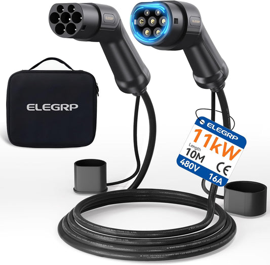 ELEGRP Type 2 oplaadkabel, 11kW 10M 16A 3-fasen, Type 2 naar Type 2 Mode 3 oplaadkabel voor elektrische auto EV/PHEV met draagtas, Geschikt voor Model S/3/X/Y, VW ID.3 ID.4 e-Golf en andere EV
