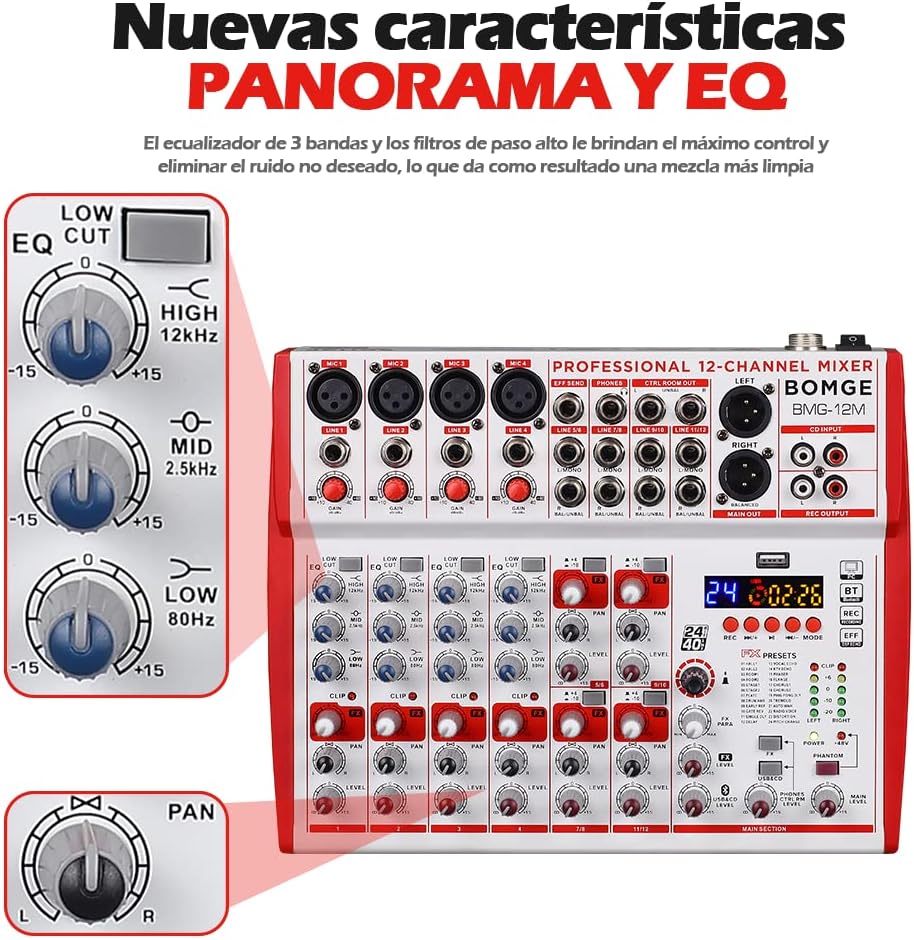 BOMGE 12-Input soundboard Mixer met Mic Preamps en Compressoren, 24DSP, bluetooth, 48V Power, Britse EQ en USB/Audio Interface voor opname, karaoke en podcast. (12M-12 kanaal)