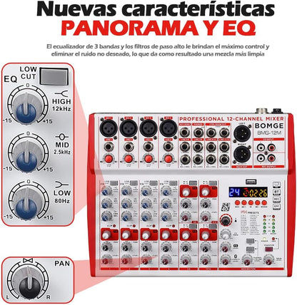 BOMGE 12-Input soundboard Mixer met Mic Preamps en Compressoren, 24DSP, bluetooth, 48V Power, Britse EQ en USB/Audio Interface voor opname, karaoke en podcast. (12M-12 kanaal)