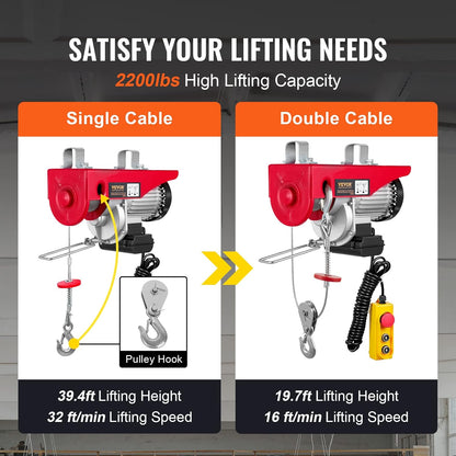 VEVOR Electric winch 500kg to 1000kg lifting height 12m cable motor winch 1600W copper motor pulley 10m/min lifting speed lift with wired remote cable lifter chain hoist