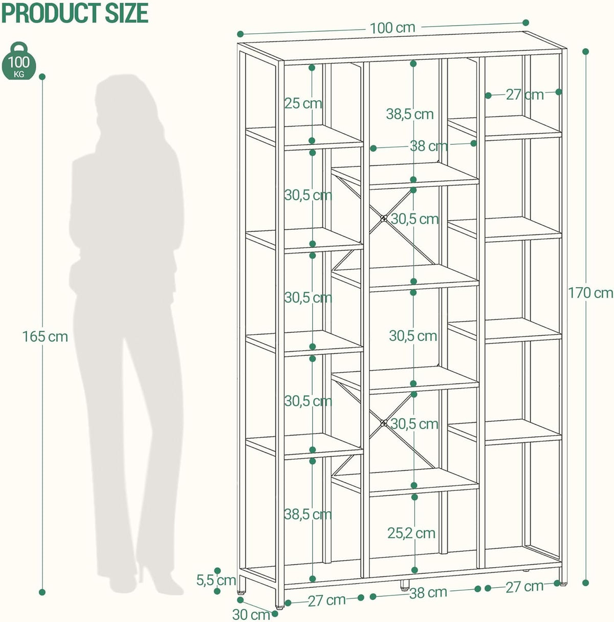 Hzuaneri Bookshelf, 6 Tier Bookcase with 15 Open Shelves, Adjustable Storage Cabinet for Living Room and Home Office, 30 x 100 x 170 cm, Rustic Brown and Black, BC15001B