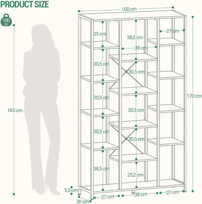 Hzuaneri Bookshelf, 6 Tier Bookcase with 15 Open Shelves, Adjustable Storage Cabinet for Living Room and Home Office, 30 x 100 x 170 cm, Rustic Brown and Black, BC15001B