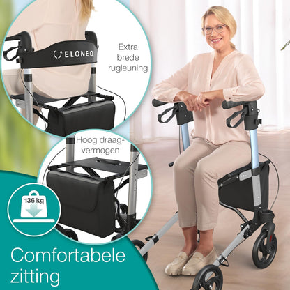 ELONEO Lichtgewicht Rollator met Zitje - Opvouwbare Aluminium Rollator voor Senioren, 8 Verstelbare Hoogtes, 3-voudig Opvouwbaar Loophulpmiddel met Tas & Parapluhouder, Past in Auto (Zilver)