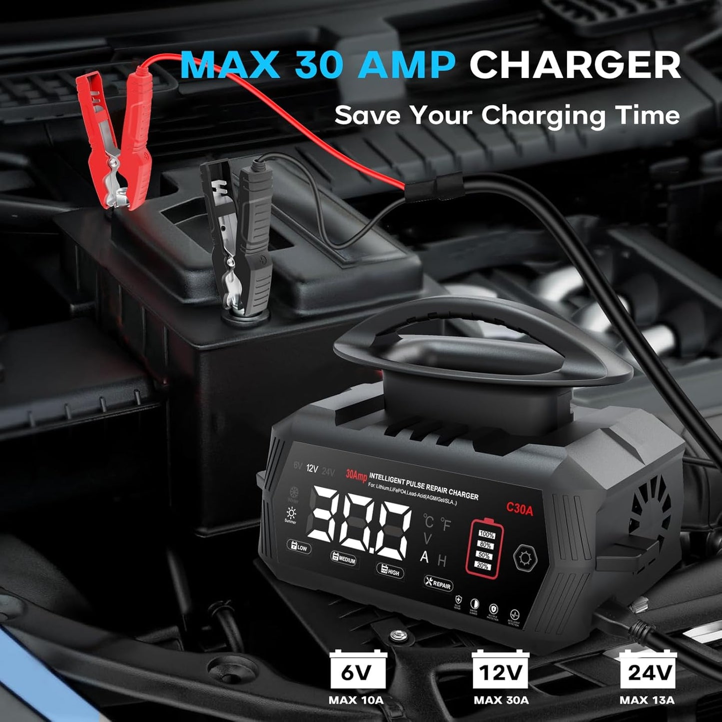 Autoaccu Oplader – Acculader – Batterijlader – Oplaadapparaat – Voertuigaccu Lader – 6V/12V/24V Compatibel – 9-Staps Automatisch Opladen met Ontzwaveling