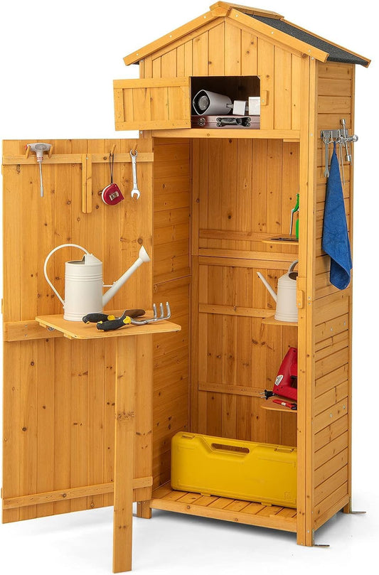FANTASK Houten tuinkast met inklapbare tafel en deur, gereedschapsschuur weerbestendig, gereedschapsschuur met 8 haken, houten schuur met zadeldak, gereedschapskast, tuinschuur