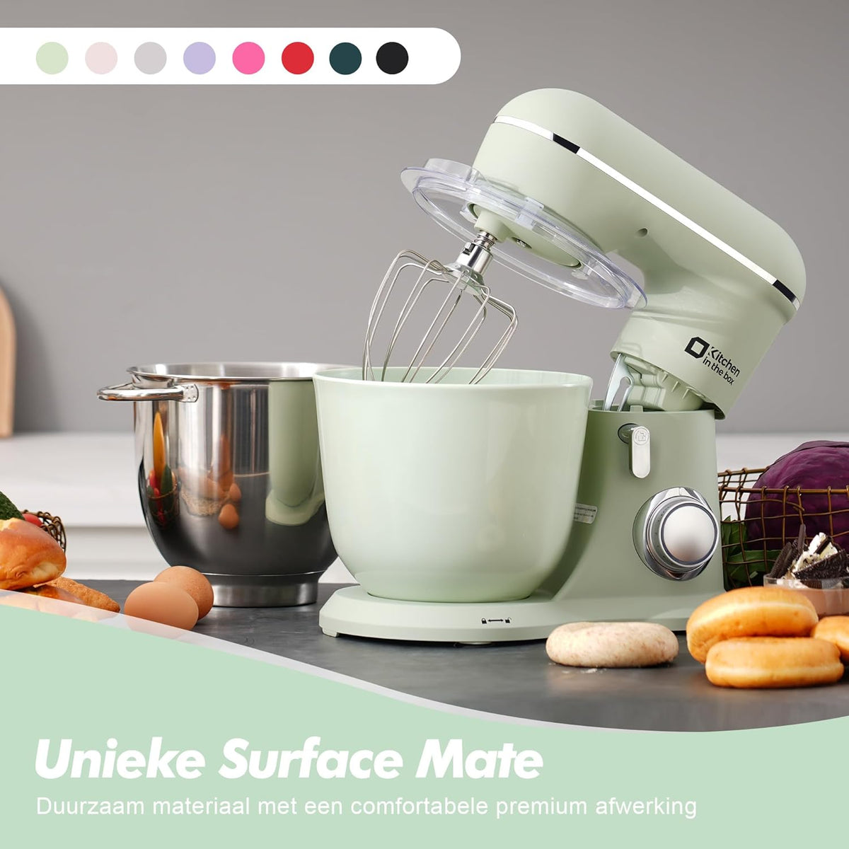 Kitchen in the Box Keukenmachine, 1300W, 10 snelheden, 4.5L + 5L mengkommen, elektrische standmixer met garde, klopper en deeghaak (Groen, 4.5L)