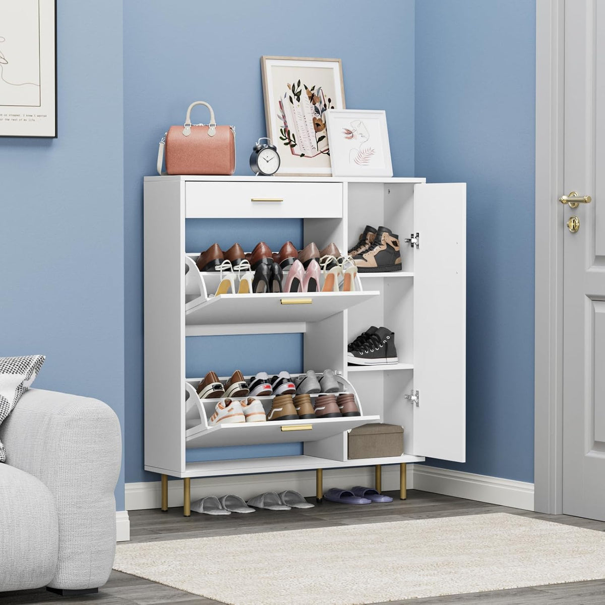 Schoenenkasten, wit, met 2 kleppen, schoenenkast, schoenenrek met 1 lade en 1 deur, smal met verstelbaar rek, voor 14-18 paar schoenen, voor ingang, hal, woonkamer