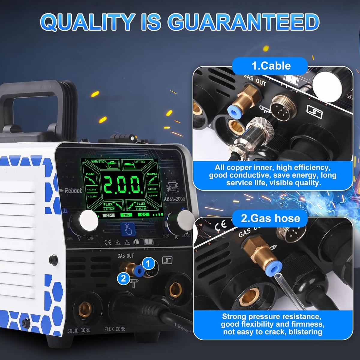 Reboot MIG-lasapparaat 200 A, ideaal voor beginners, 5-in-1 multiprocess-lasmachine (MIG gas/gasless flux core/lift TIG/stick/spot), 230 V omvormer met premium groot led-display - RBM2000 Pro
