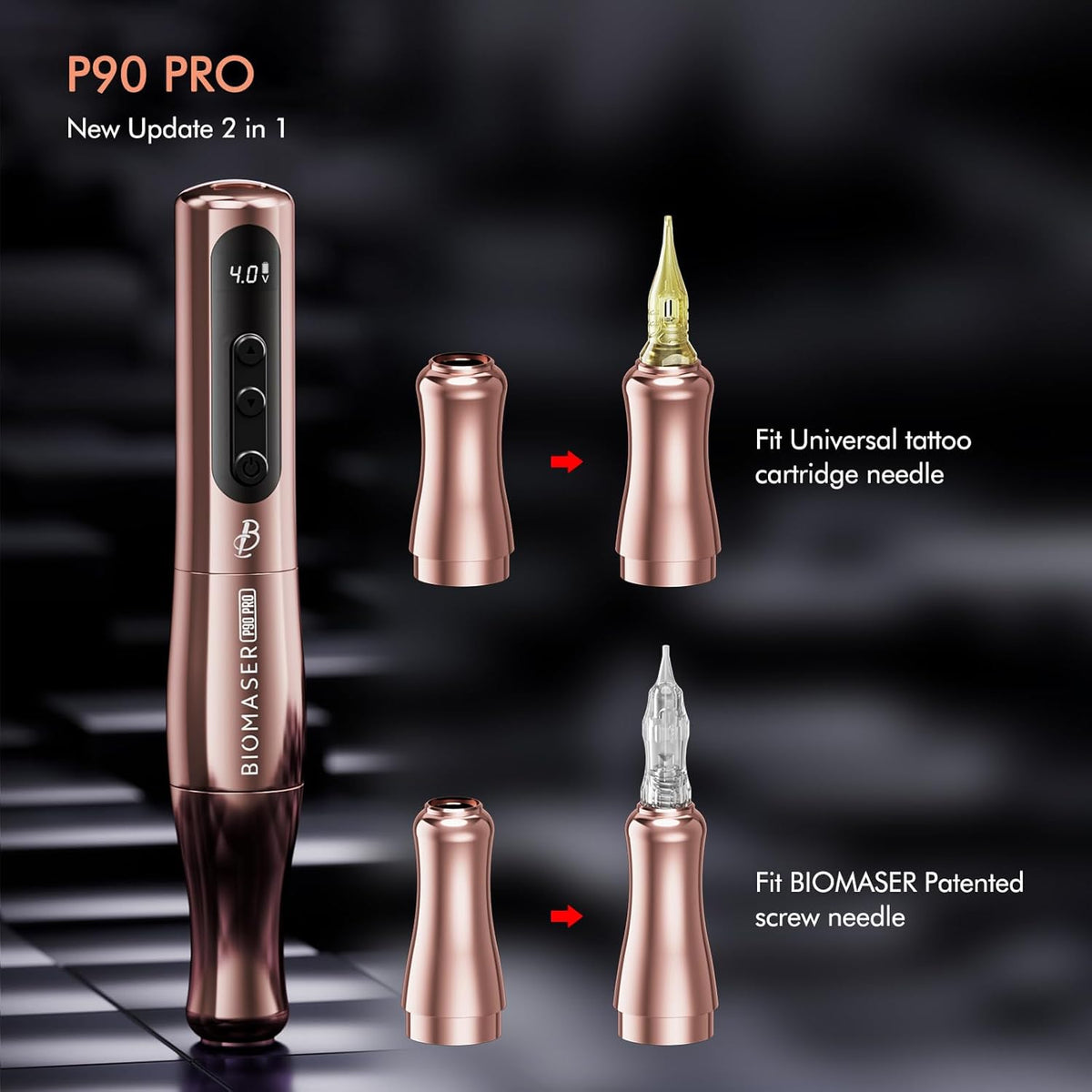 Biomaser P90 PRO Semi-permanente make-upmachine, draadloze en bekabelde make-upmachine voor wenkbrauwen, eyeliner en lippen (roségoud)
