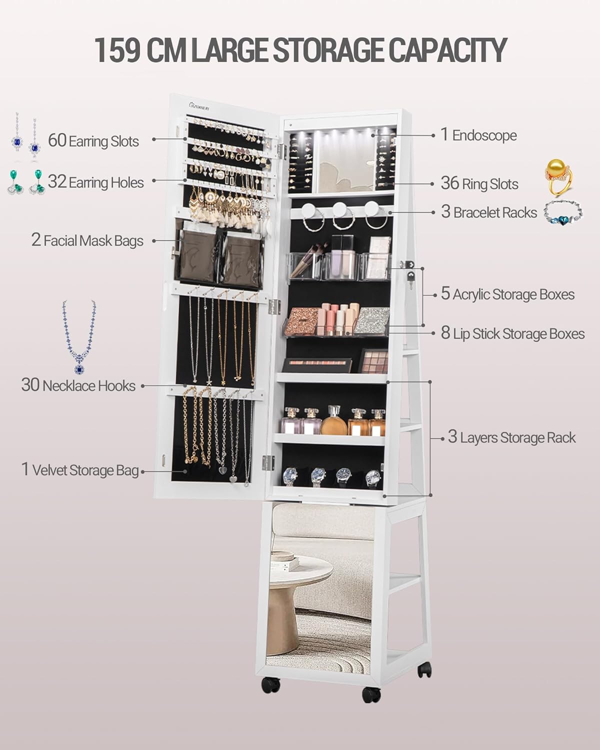 Hzuaneri JC35303BV1 6 LED Jewellery Cabinet, 159 cm High, Standing Jewellery Cabinet Organiser, Lockable in Full Length, Mirror with 4 Wheels, Large 5 Layer Jewellery Rack, White