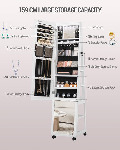 Hzuaneri JC35303BV1 6 LED Jewellery Cabinet, 159 cm High, Standing Jewellery Cabinet Organiser, Lockable in Full Length, Mirror with 4 Wheels, Large 5 Layer Jewellery Rack, White