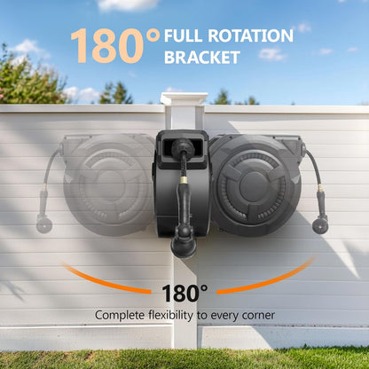 Slanghaspel 1/2" x 100ft, 180° draaibare wandgemonteerde tuinslanghaspel, slanghaspels voor buitenslot op elke lengte, langzaam retoursysteem, intrekbare slang, waterslanghaspel met 10 patronen