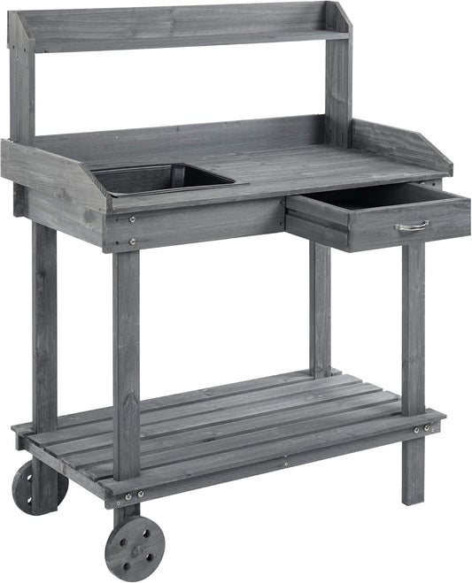 Oppottafel - Tuinwerktafel - Plantentafel -Tuinwerkbankje - met Schuiflade - 2 Niveaus - Bloementafel - voor Tuin - Sparrenhout - 92 x 45 x 119 cm - Grijs