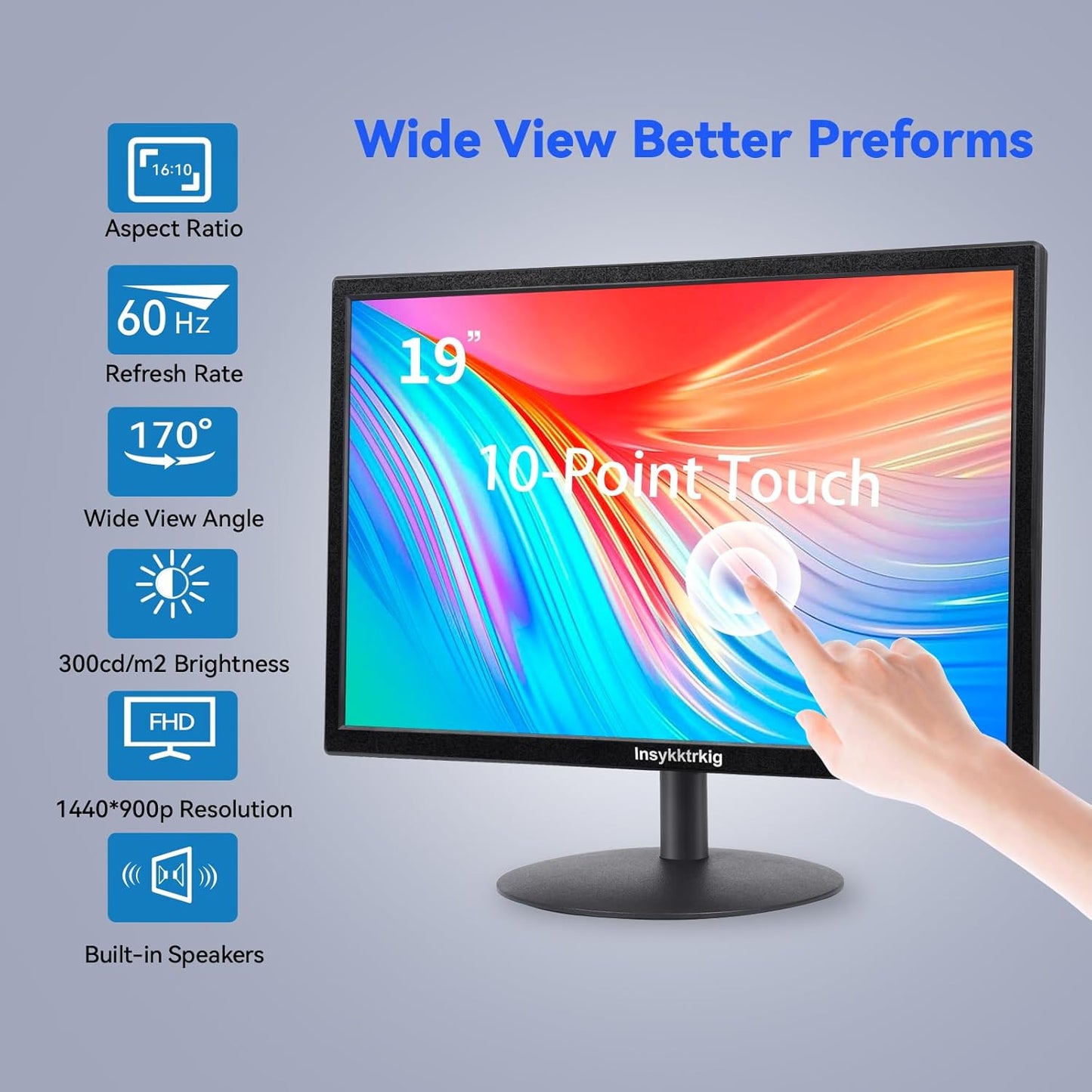 19 inch touchscreen-monitor FHD 1440x900 60Hz multi-touch monitor, PC 16:10 display met luidspreker/HDMI/VGA/Type-B-aansluiting, compatibel met laptop/Ras Pi/Windows OS