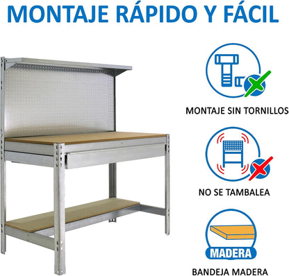 Simon Rack Sterke Werkbank met Lade, Bovenplank en Geperforeerd Paneel, 1445x910x610 mm, 400 kg Draagvermogen, Metalen Frame en Houten Werkblad, Compleet voor Werkplaats, Gegalvaniseerd/Hout – BT3