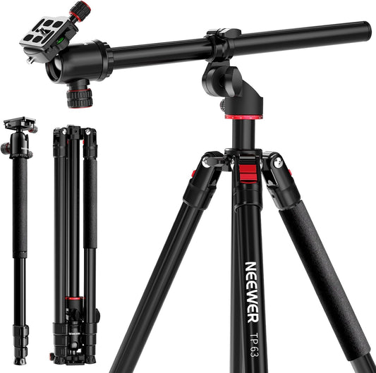NEEWER Overhead horizontale camerastatief Monopod met kogelkop en flexibele middenkolom, 90 inch hoge metalen DSLR video-reisstandaard, Arca-type QR-plaat en omgekeerde poten, maximale belasting 15