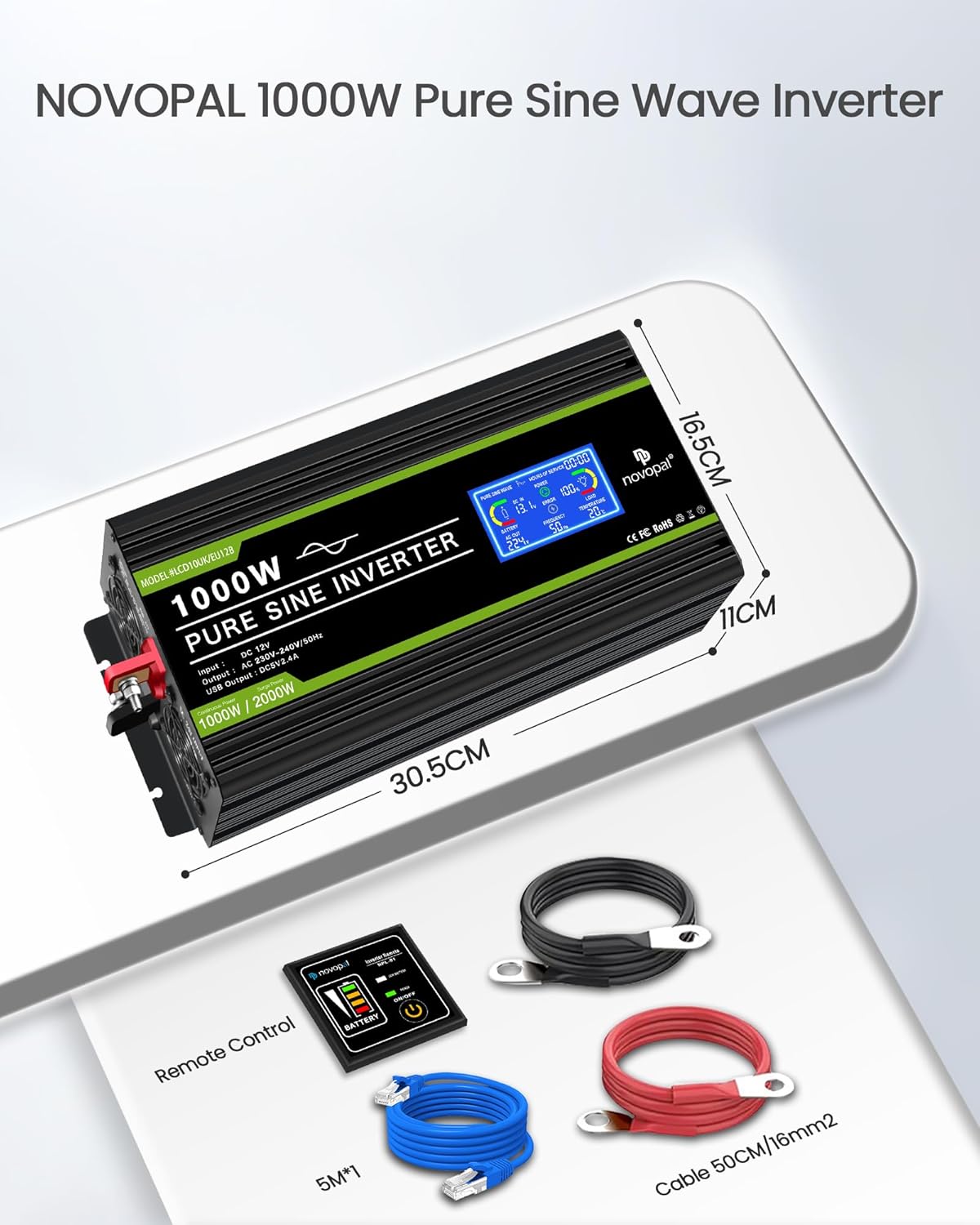 <font dir="auto" style="vertical-align: inherit;"><font dir="auto" style="vertical-align: inherit;">        NOVOPAL Voltage Converter 12V 230V Inverter 1000W Voltage Converter Pure Sine Wave Display LCD with USB Port - 5 Meter Remote Control and Two Cooli
