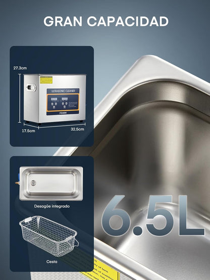 Ultrasone reiniger, 6,5 l, professioneel, digitaal, met verwarming en timer, ideaal voor sieraden, auto-onderdelen (ventielen/versnellingsbak), wapens en laboratoria