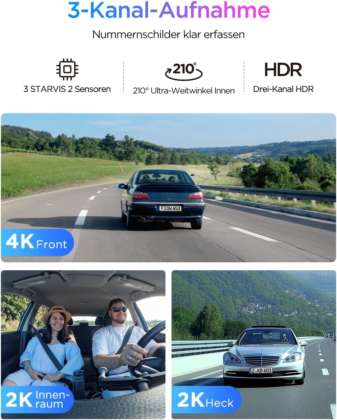 VIOFO A329S 3CH 4K dashcam voor achter, 4K + 2K + 2K dashcam auto 3 lens, energiebesparende parkeermodus, 210° ultragroothoek binnencamera, wifi 6 en app-bediening, drie Starvis 2 autocamera