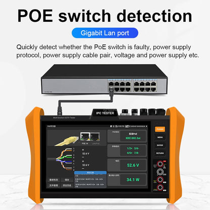 8K IP Camera Tester Multifunctionele CCTV Tester 8 inch scherm 8K H.265 8MP TVI/CVI/AHD/SDI/CVBS Kabel Tester DMM TDR VFL Ondersteuning 55V POE++, SFP poort HDMI & VGA (Model: H12CLMOVTADHSEF)