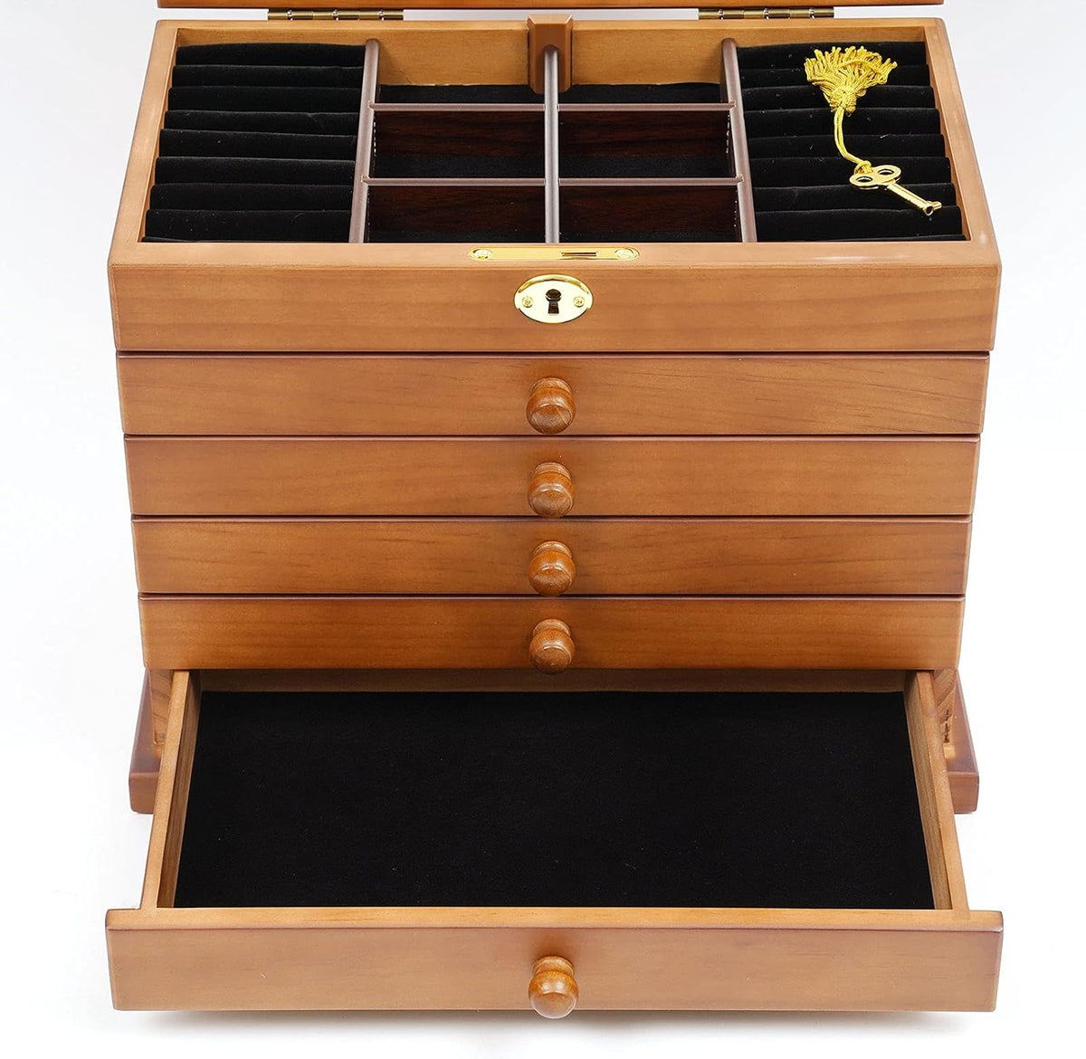 OUKANING 6 Layers Jewelry Box Wood Vintage Jewelry Box with Drawers, High Quality Hinges and Refined Handles, Freestanding Jewelry Box, Gift (Brown, With Mirror+Key Lock) - QUORE
