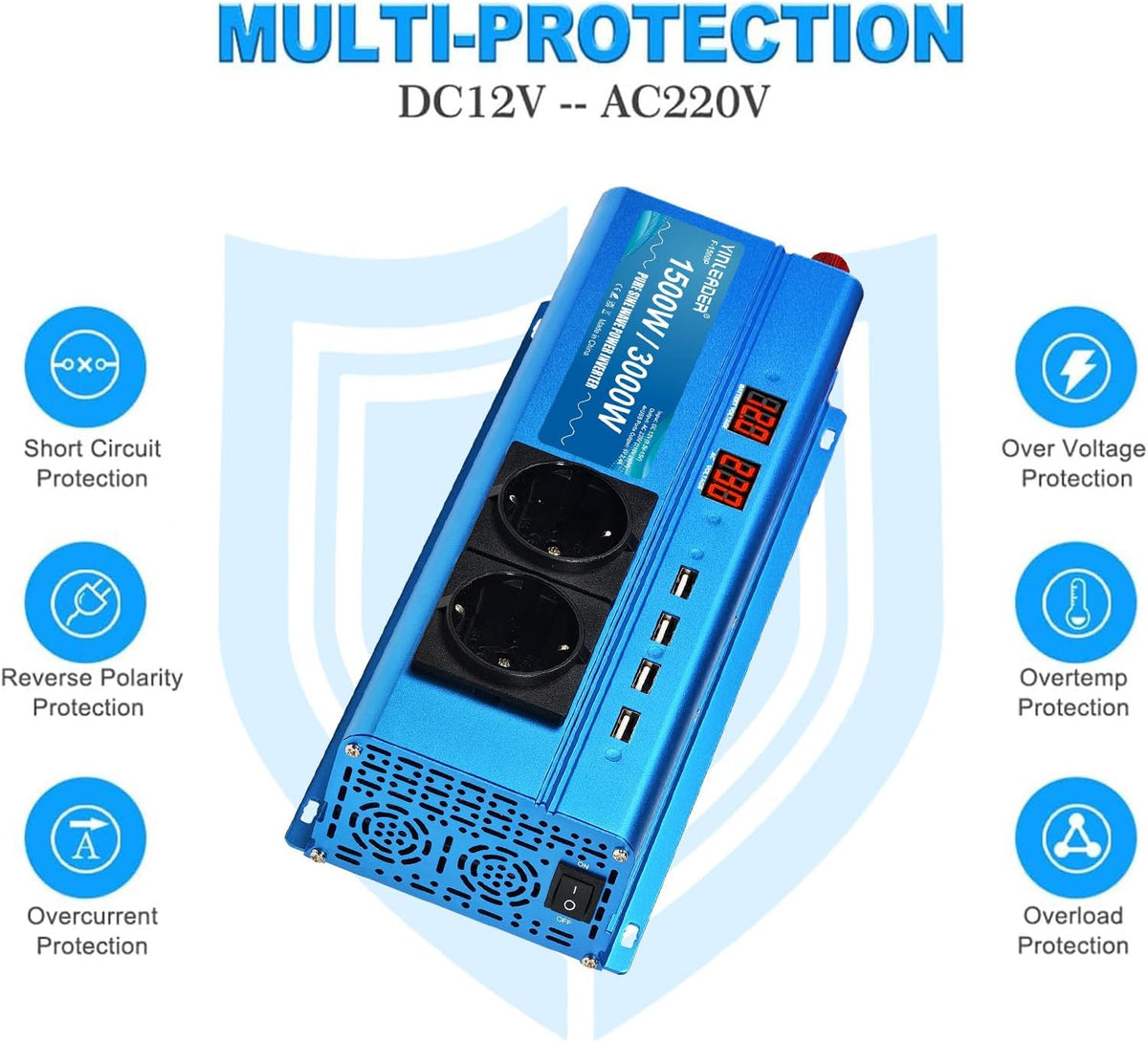 <font dir="auto" style="vertical-align: inherit;"><font dir="auto" style="vertical-align: inherit;">        Yinleader Converter, 12V, 220V, pure sine, 1500W, 3000W, pure sine LED, 2 sockets and 4 USB       </font></font>