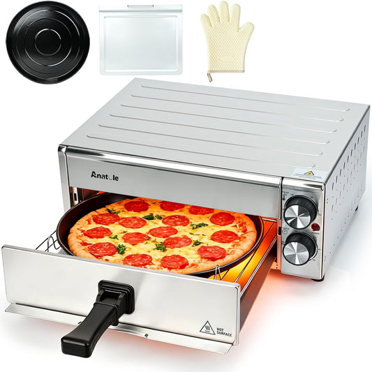 Anatole Elektrische Pizzaoven & Heteluchtfriteuse, RVS, 30.5 cm, 1800 W, Tijd- en Temperatuur Instelbaar, Met Circulatielucht, Inclusief Afneembaar Grillrek, Kruimellade en Ovenhandschoenen