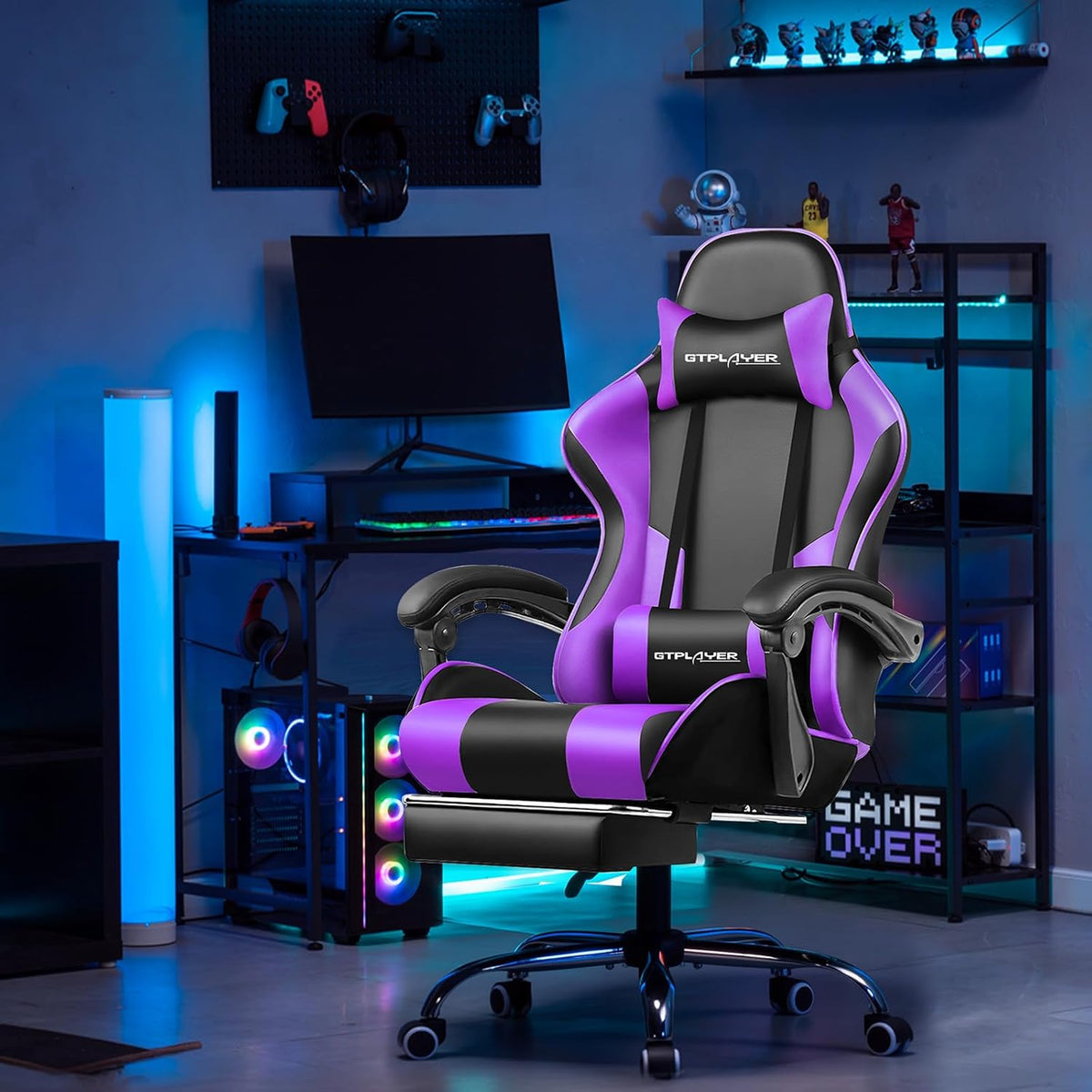 GTPLAYER Gamingstoel, bureaustoel, ergonomische pc-stoel, gamingstoel met massagesteun, task stoelen met voetensteun en hoofdsteun, paars kunstleer