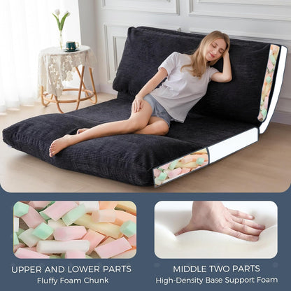 MAXYOYO Opvouwbare zitzak van corduroy met schuimvulling, extra dik, 4 lagen, matras/vloerbank voor volwassenen, afneembare en machinewasbare overtrek, zwart, 100 x 240 cm