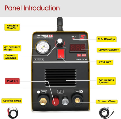 SUSEMSE Plasmasnijder, piloontsteking, 55 ampère, inverter, hoogfrequente plasmasnijder, IGBT inverter, plasmacsnijder, 230 V, snijvermogen max. tot 14 mm, met plasma-snijbrander en sproeierset