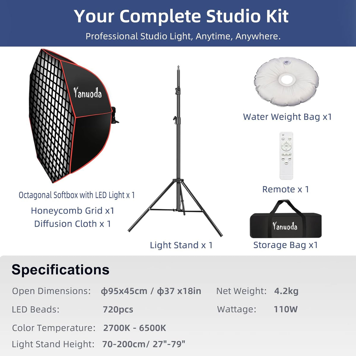 37 Inch Achthoekige Softbox Verlichtingsset – Studioverlichting – Studiolamp – Softbox Verlichting – LED Videolamp – 110W Dimbaar – 97 CRI