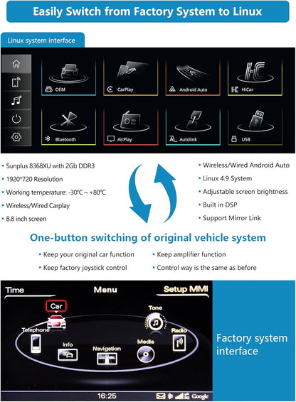 Ninetom Autoradio 8,9 inch touchscreen met draadloze Carplay en Android auto voor 2008-2016 Audi A5 S5 met 3G MMI+ systeem, ondersteunt mirrorlink, camera, navigatie