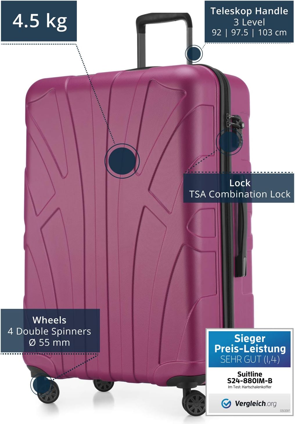 Suitline grote harde koffer trolley, reiskoffer check-in bagage, TSA, 76 cm, ca. 86 liter, 100% ABS mat magenta