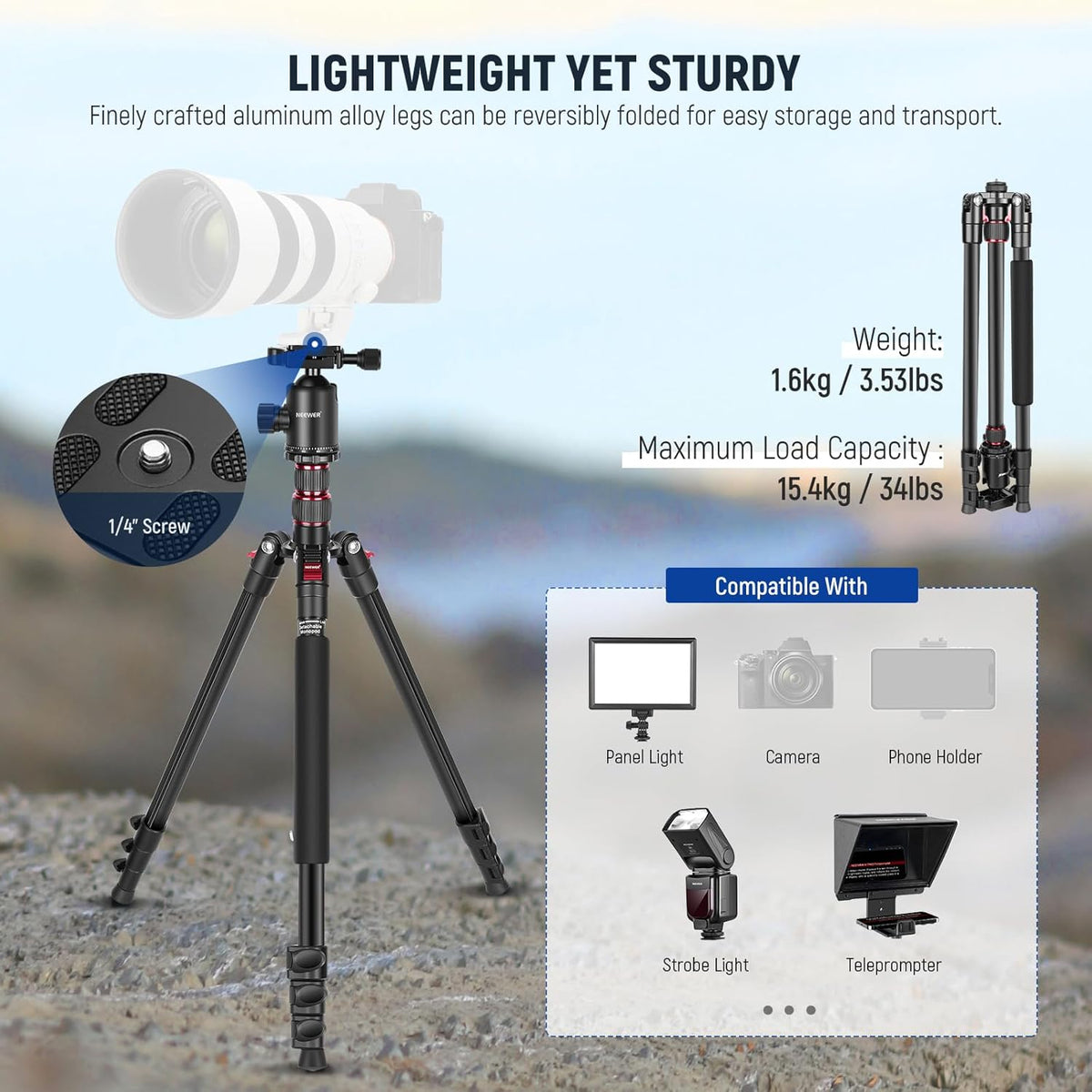 Camerastatief – Fotostatief – Videostatief – Reisstatief – Monopod – Met Telefoonhouder – 360° Kogelkop