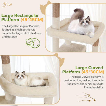 Kattenboom – Krabpaal – Kattenmeubel – Krabmeubel – Beige – Voor 3-5 Grote Katten – 2 Grote Kattenhuisjes 45x30 cm – 3 Ruime Platforms 45x45 cm