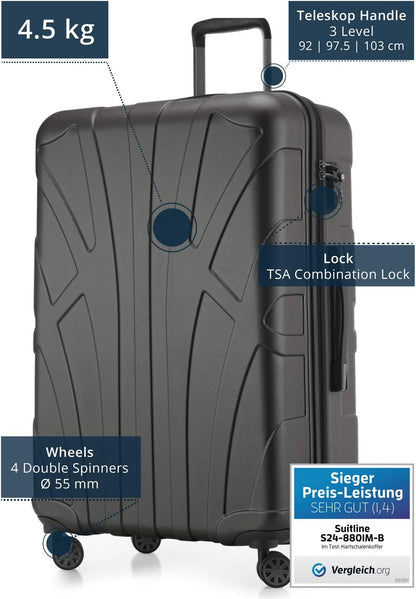 Suitline Grote koffer 76 x 53 x 31 cm ABS harde schaal uitbreidbaar (96-110 L) met TSA slot 4 dubbele wielen telescopische handgreep trolley, Grafiet