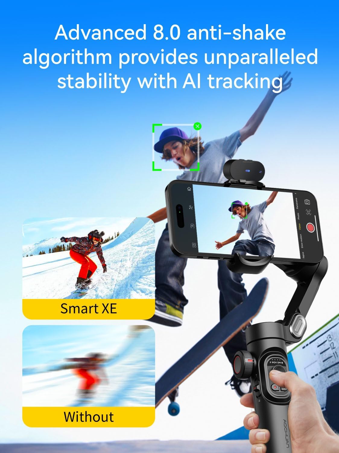 AOCHUAN Telefoongimbal voor iPhone/Android, 3-assige AI-trackingsensor, focuswiel, 8.0 anti-shake voor video-opname