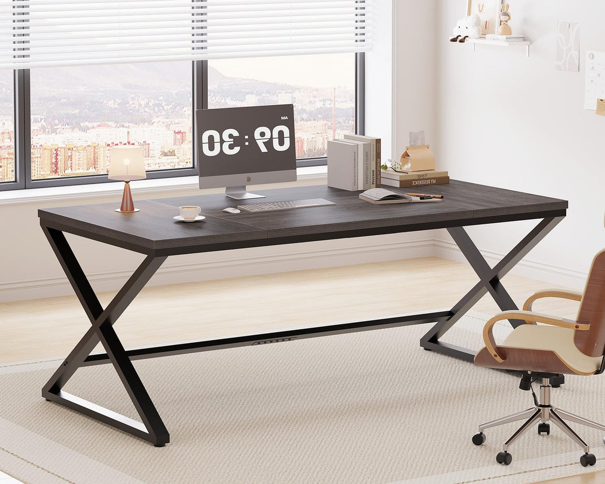 LVB Rustiek Groot Bureau voor Thuiskantoor, 70.8" LW Computerbureau, Houten Metalen Werktafel voor Studie Schrijven Gamen, Boerderij Dual Monitor Workstation Executive Computer Desk, Donker