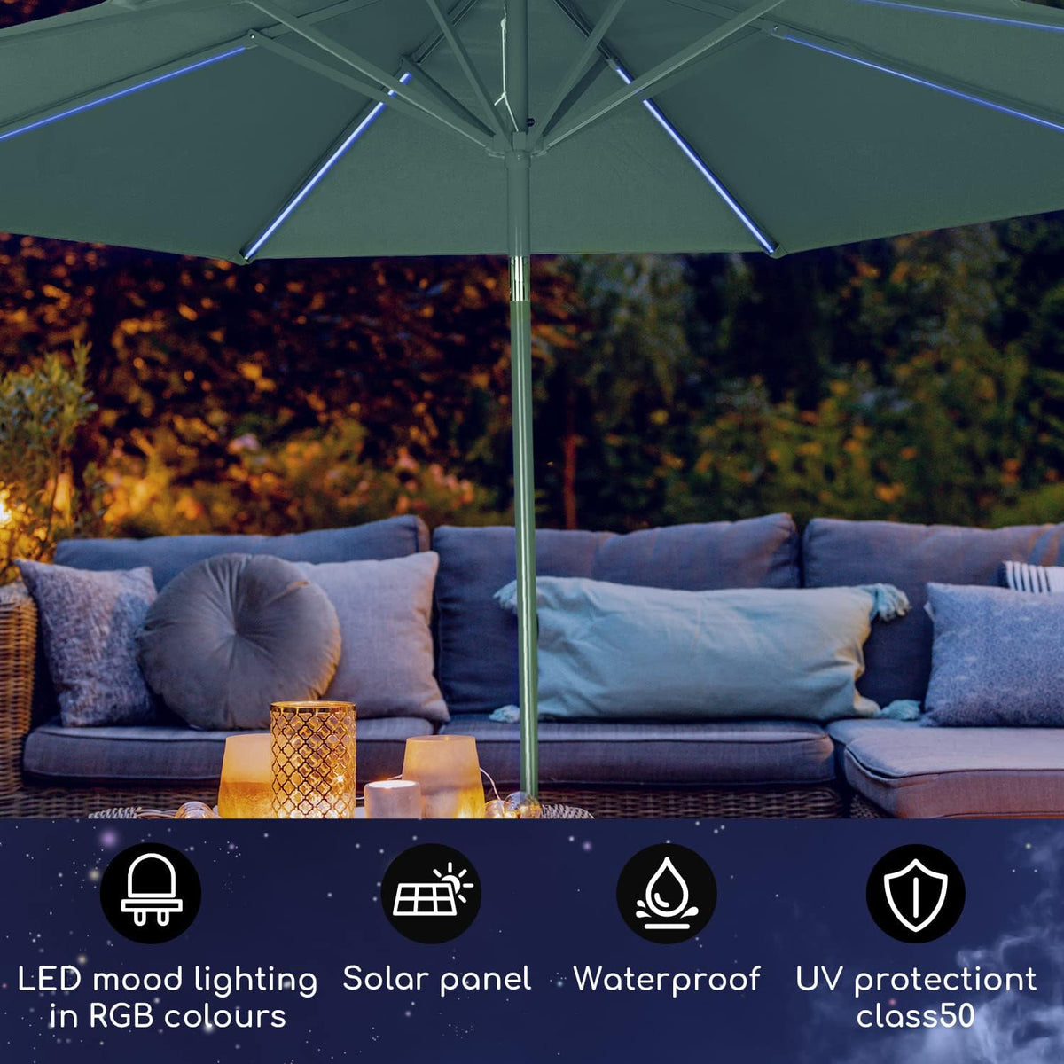 blumfeldt Calais Parasol, 300 x 265 cm, in hoogte verstelbare en opvouwbare tuinparasol, met ledverlichting op zonne-energie en uv-bescherming, waterdichte zonwering voor balkon, terras en tuinscherm