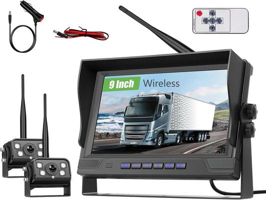 9 inch IPS-monitor, digitale draadloze achteruitrijcameraset, met dodehoekwaarschuwing, waterdichte achteruitrijcamera's, draadloze 2 camera's, nachtzicht, aanhanger/vrachtwagen/camper, 12V