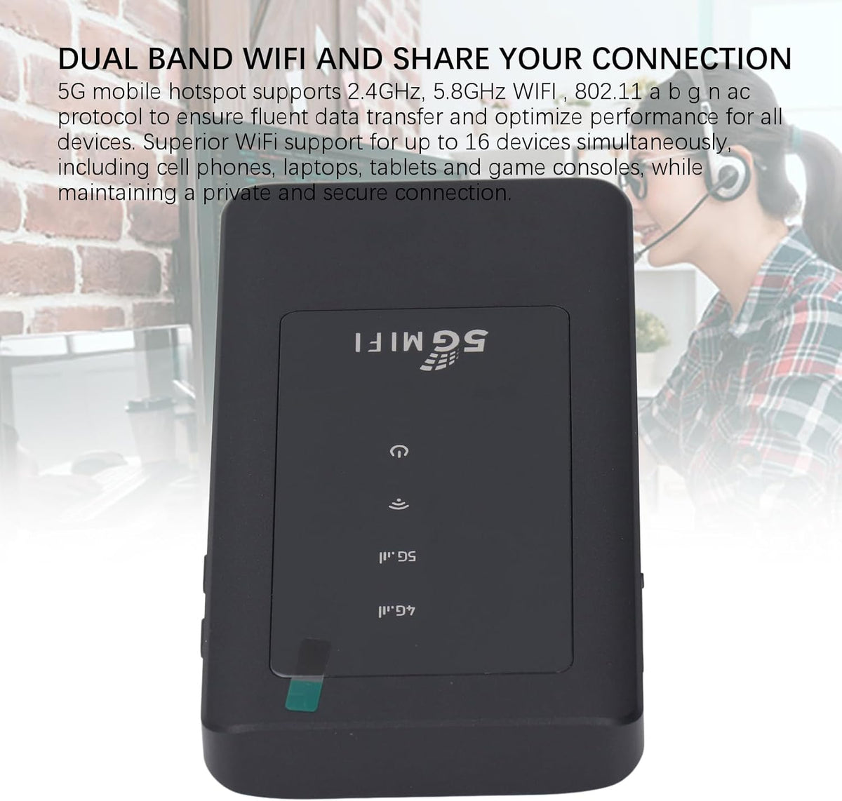 5G Wifi Draagbare Mobiele Hotspot, Dual Band Wifi, 5G Hoge Snelheid, Lage Latentie, Tot 16 Apparaten, voor Telefoons, Laptops, Tablets, Gameconsoles, voor Reizen en Kamperen
